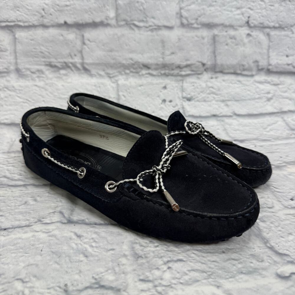 Tod's Womens Navy Blue Suede Gommino Driving Loafers Moccasins Tie Size 37 1/2
